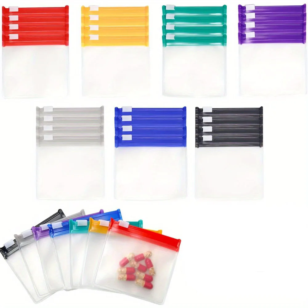 28Pcs Zippered Pill Pouch Set, 7 Colors Reusable Pill Pouches for Medicine Travel, Self-Sealing Travel Pill Packets with Slide L