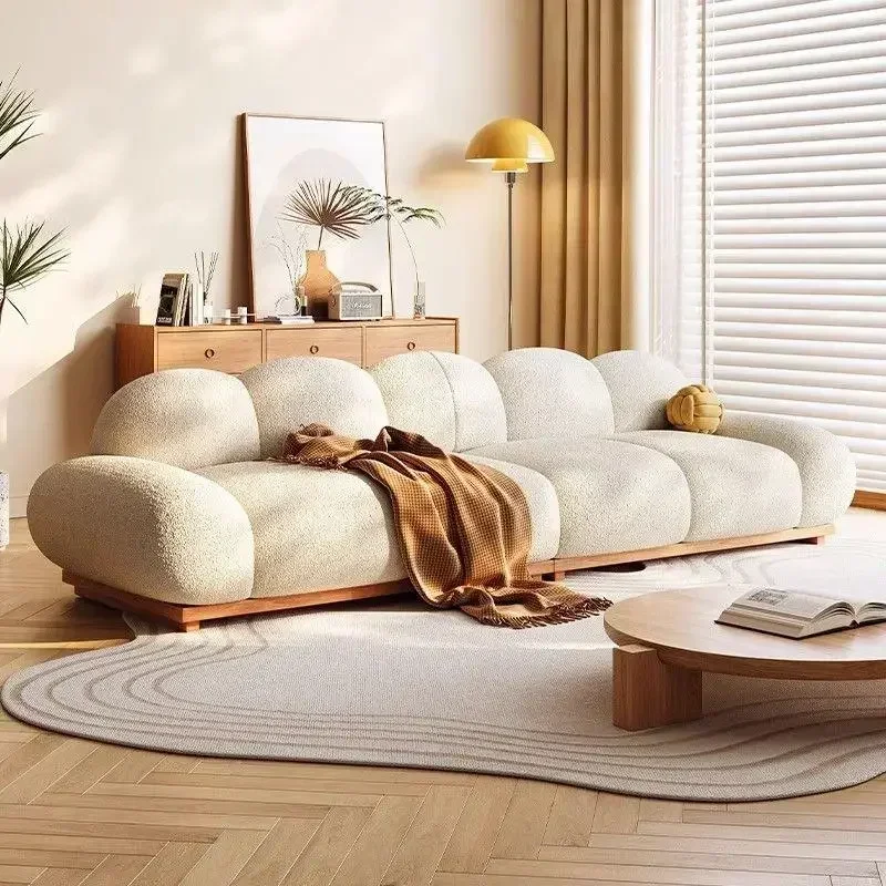 Cherry wood sofa lamb wool living room simple modern style furniture Japanese log straight row cloud sofa three people