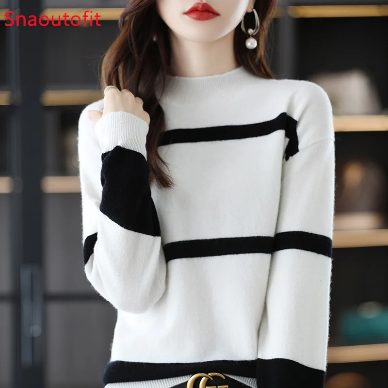 

Snaoutofit 2023 Spring/Autumn New Half Turtleneck 100% Merino Sweater Women's Match Color Temperament Knitted Cashmere Pullover