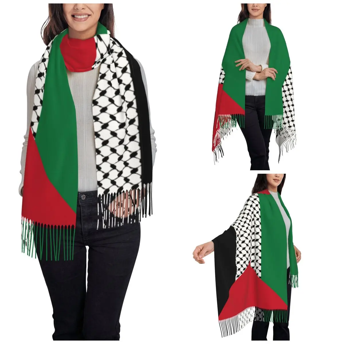 Womens Scarf with Tassel Palestine Flag Long Winter Warm Shawl and Wrap Kufiya Keffiyeh Palestinian Daily Wear Pashmina Scarves