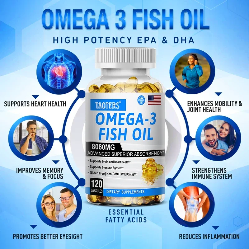 Fish Oil, Dietary Supplement, Omega-3, Supports Brain Immune Joint Heart Health, 8060 Mg High Absorption, Rapid Release Capsules