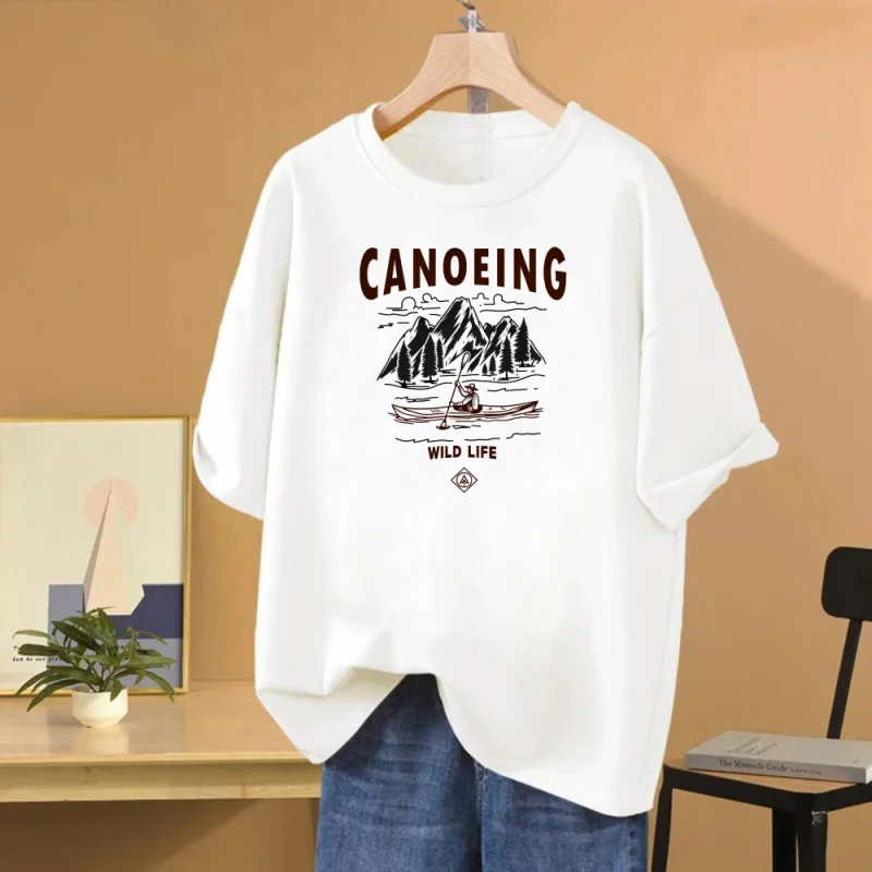 

Женская свободная хлопковая фигурка каноэ с короткими рукавами и принтом горного леса, подходит для весны и лета