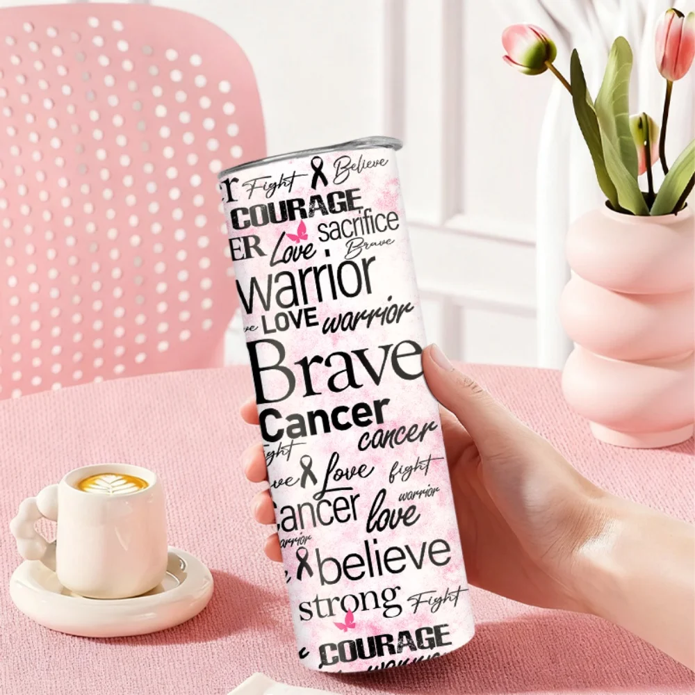 1pc Stainless Steel Water Bottle/Tumbler with Straw — Cancer Awareness Graphic Pattern, 20oz (591ml)