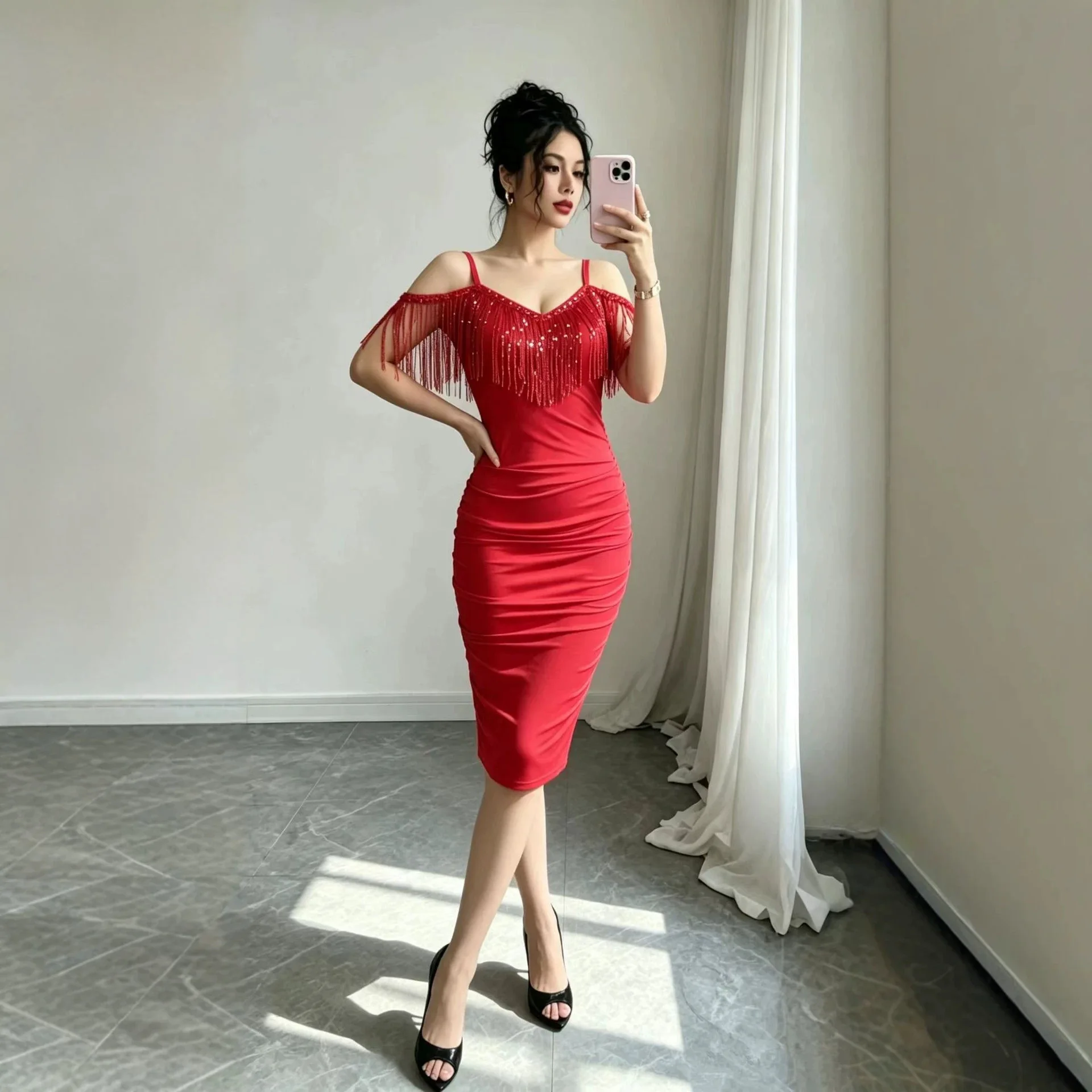2026 Fashionable Korean Style Erotogenic Elegant Tassel Chain Strap Smart Fit Body High Waist Clothes Clothing Beach