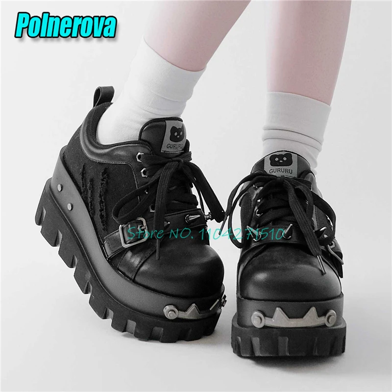 

Punk Style Y2K Thick Soled Shoes for Women Trendy Round Toe Platform Lace-Up High Heels Rivet Belt Buckle Wedge Casual Shoes