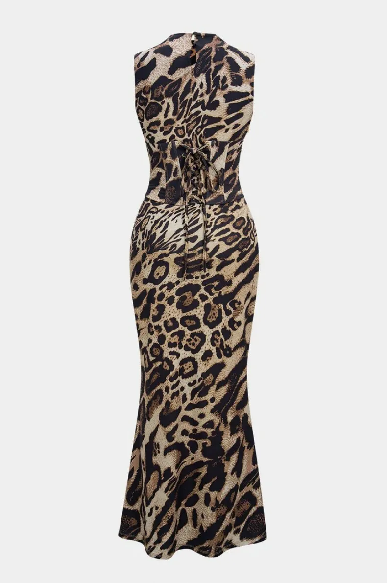 Leopardenmuster Tailliertes Slim-Fit-Kleid für Damen Zweiteiliges Set für Urlaub, Abendessen, Geburtstagsfeier Elegantes Damenkleid – Detail 3