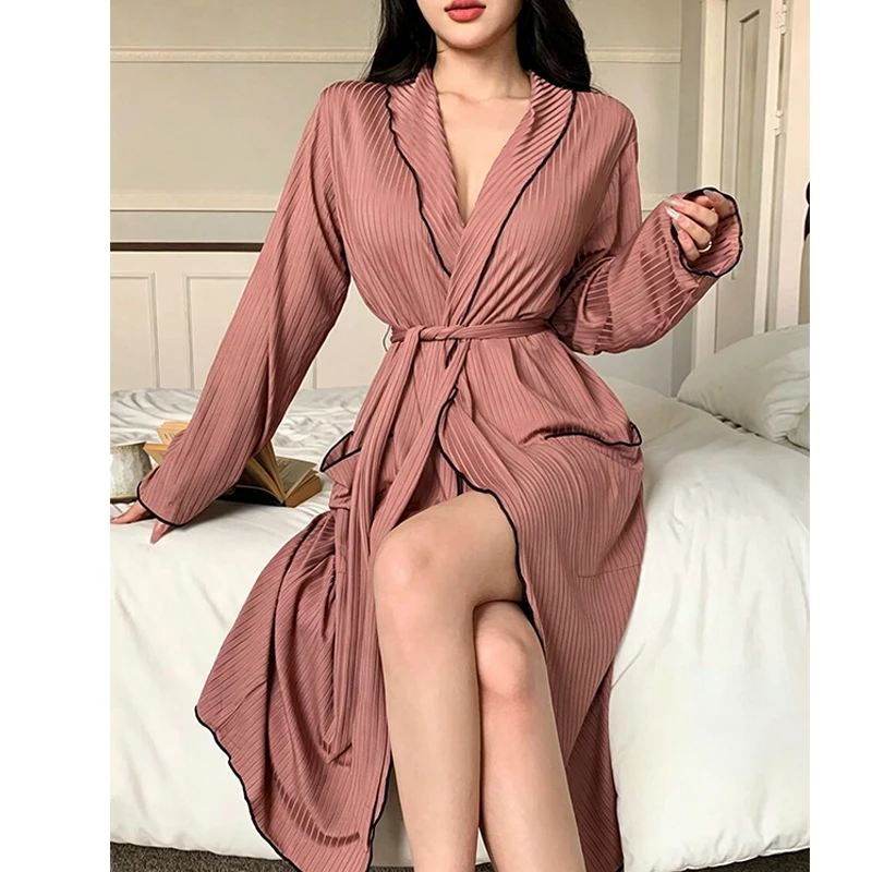 

Autumn New Women Knit Robe Minimalist Stripe Bathrobe Gown Sexy Loose Sleepwear Lace-Up Home Clothes Nightwear Kimono Gown