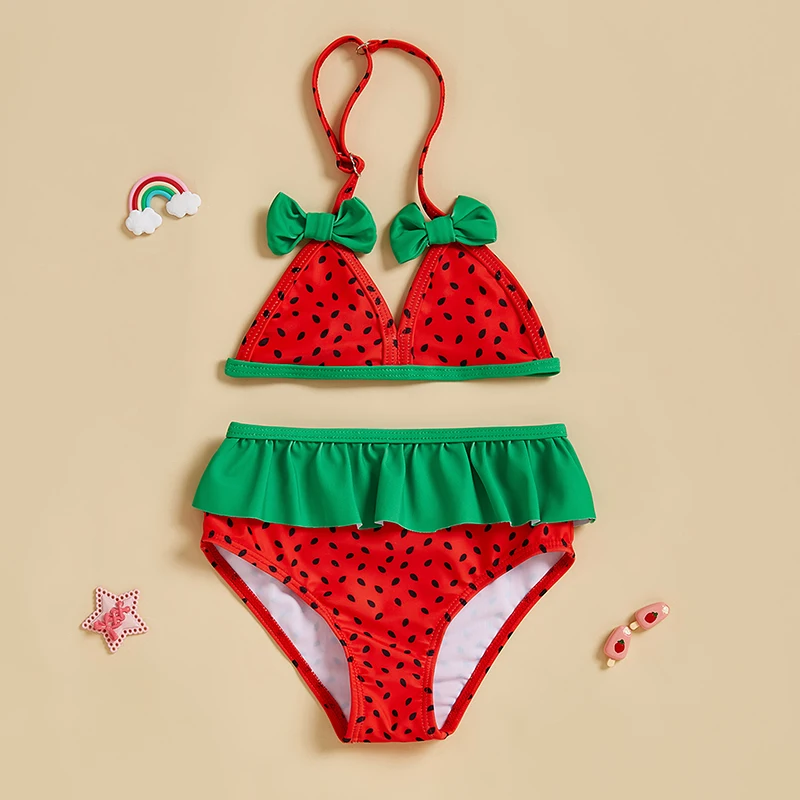 

Tregren 0-24M Newborn Infant Baby Girl Bikini Swimsuit Summer Bow Watermelon Swimwear Ruffled Beachwear Adjustable Bathing suit