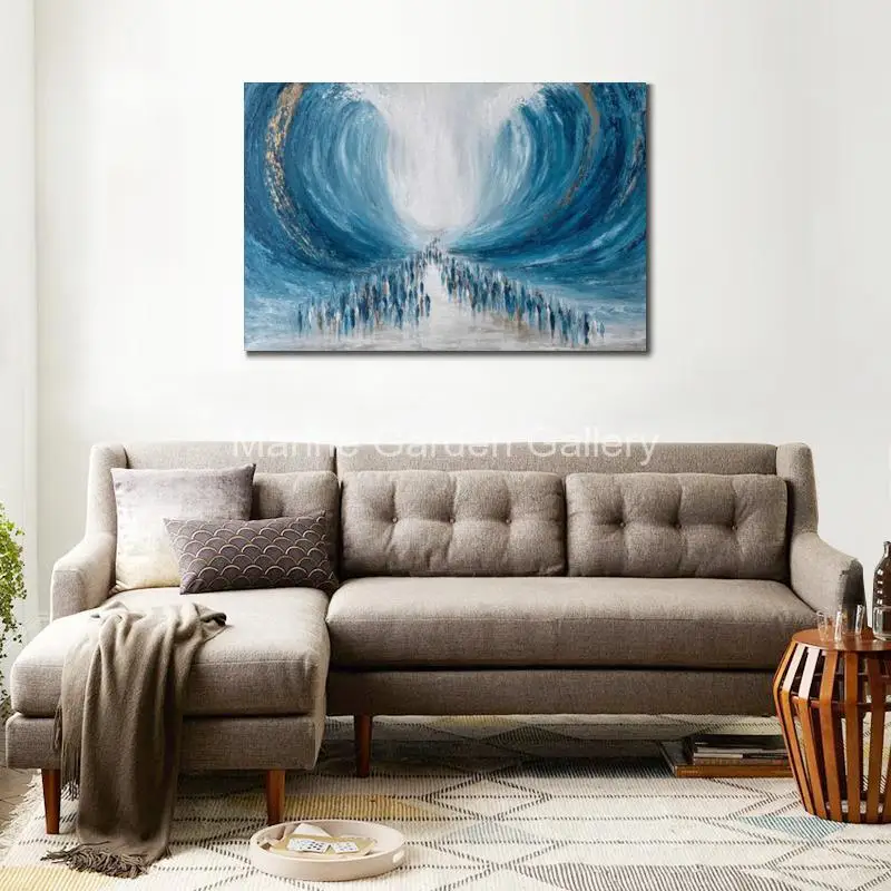 

Еврейская картина маслом с пересечением моря, ручная работа, абстрактное синее золото, Иудаика, холст, моисей, библейский настенный декор для гостиной