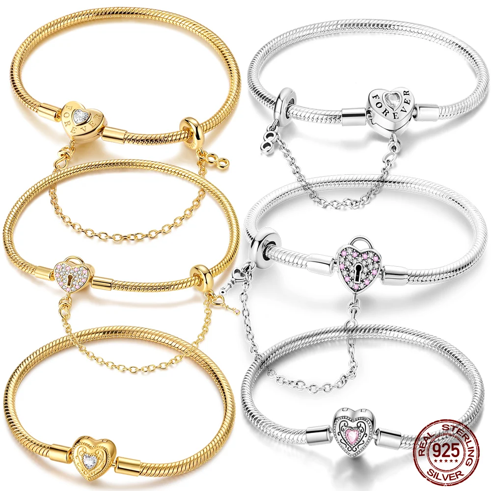 Original 925 Silver Heart Safety Chain Snake Bone Original Bracelet for Women Fit Original Charms Beads DIY Making Gift
