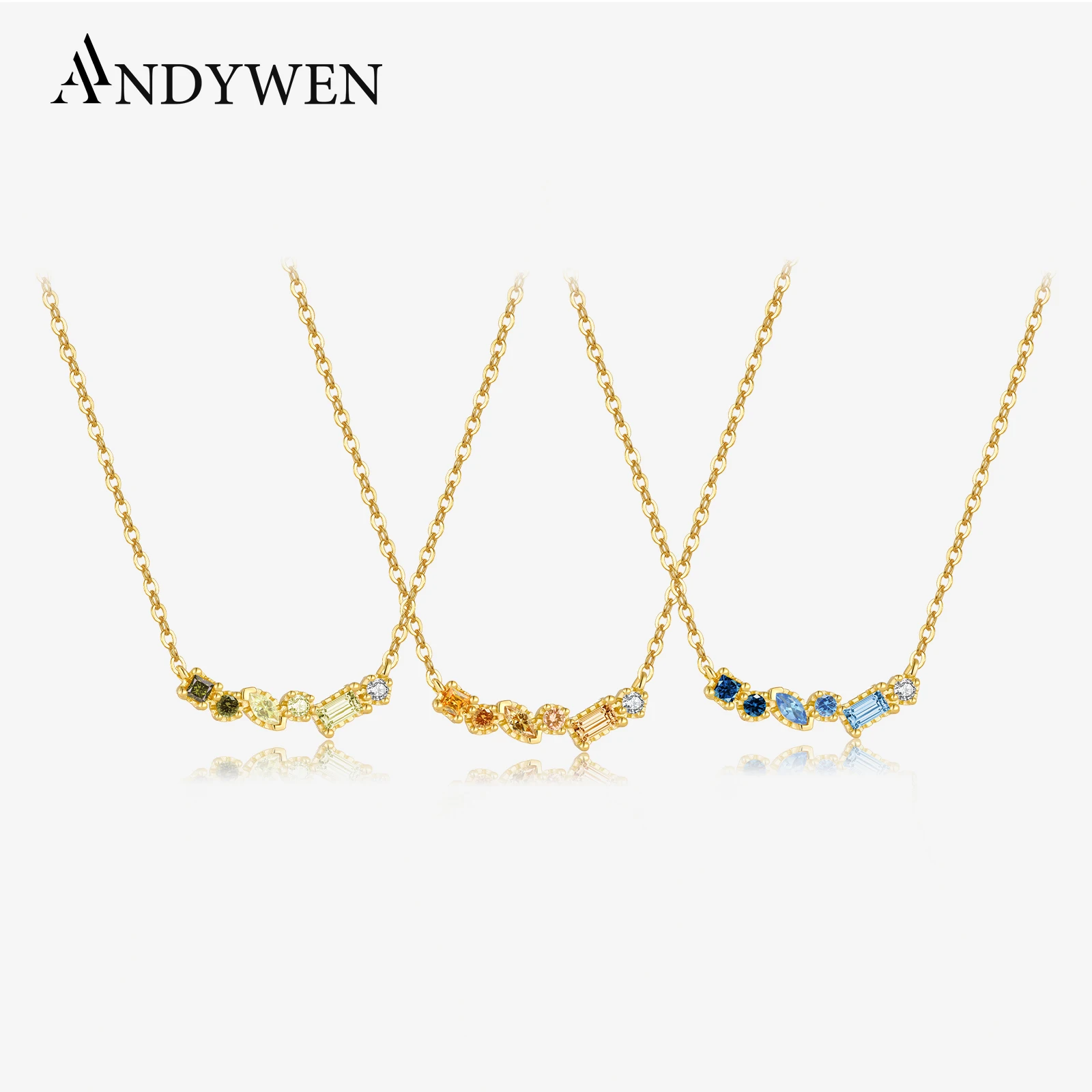 ANDYWEN 925 Sterling Silver Gold Blue Months Birth Zircon CZ Crystal Pendant Long Chain Necklace 2024 Spring Fine Jewels