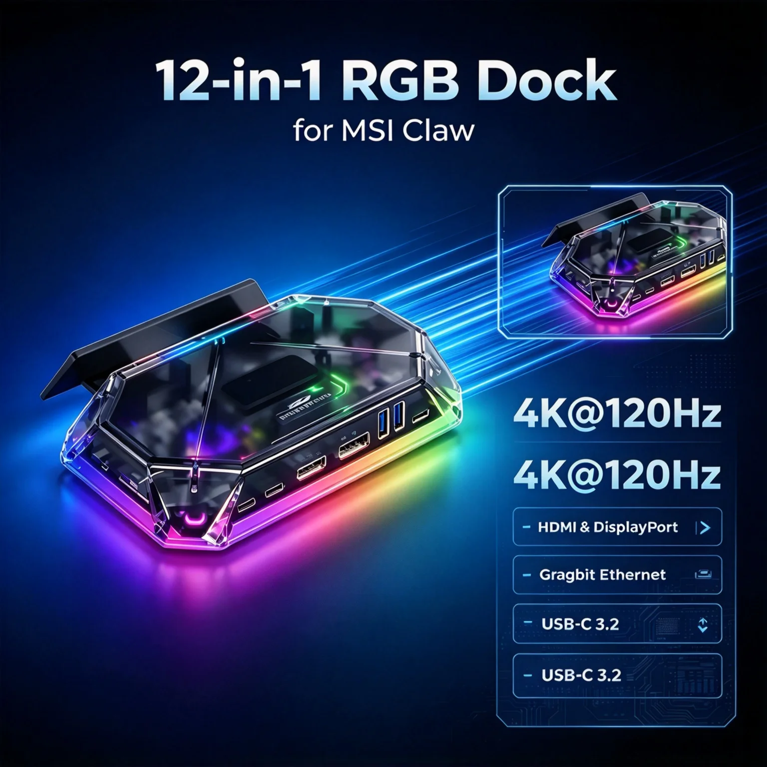 RGB Docking Station for MSI Claw, 12-in-1 Handheld Dock 4K@120Hz HDMI, USB-C 3.2, SD TF Reader & 3.5mm Jack HB1201S  Transparent