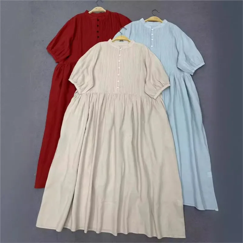 

Johnature Summer New Japanese Pleated Stand Collar Cotton Linen Solid Color Short Sleeve Dresses Mori Loose Simple Dresses 2024