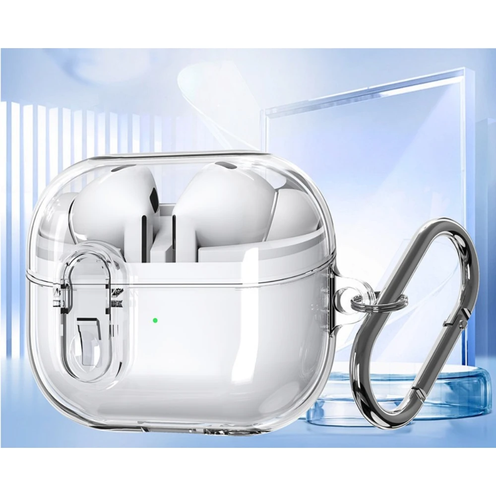 For Samsung Galaxy Buds3 & Buds 3 Pro Protective Case with Metal Buckle Hook+Switch Lock Transparent Soft TPU+PC Earphone Cover