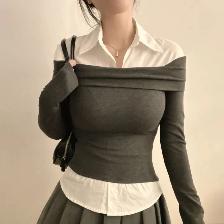 Faionable One-oulder Splice irt Korean Sle Spring Autumn Winter Women's Inner Wear Casual Regular Fit Street Sle