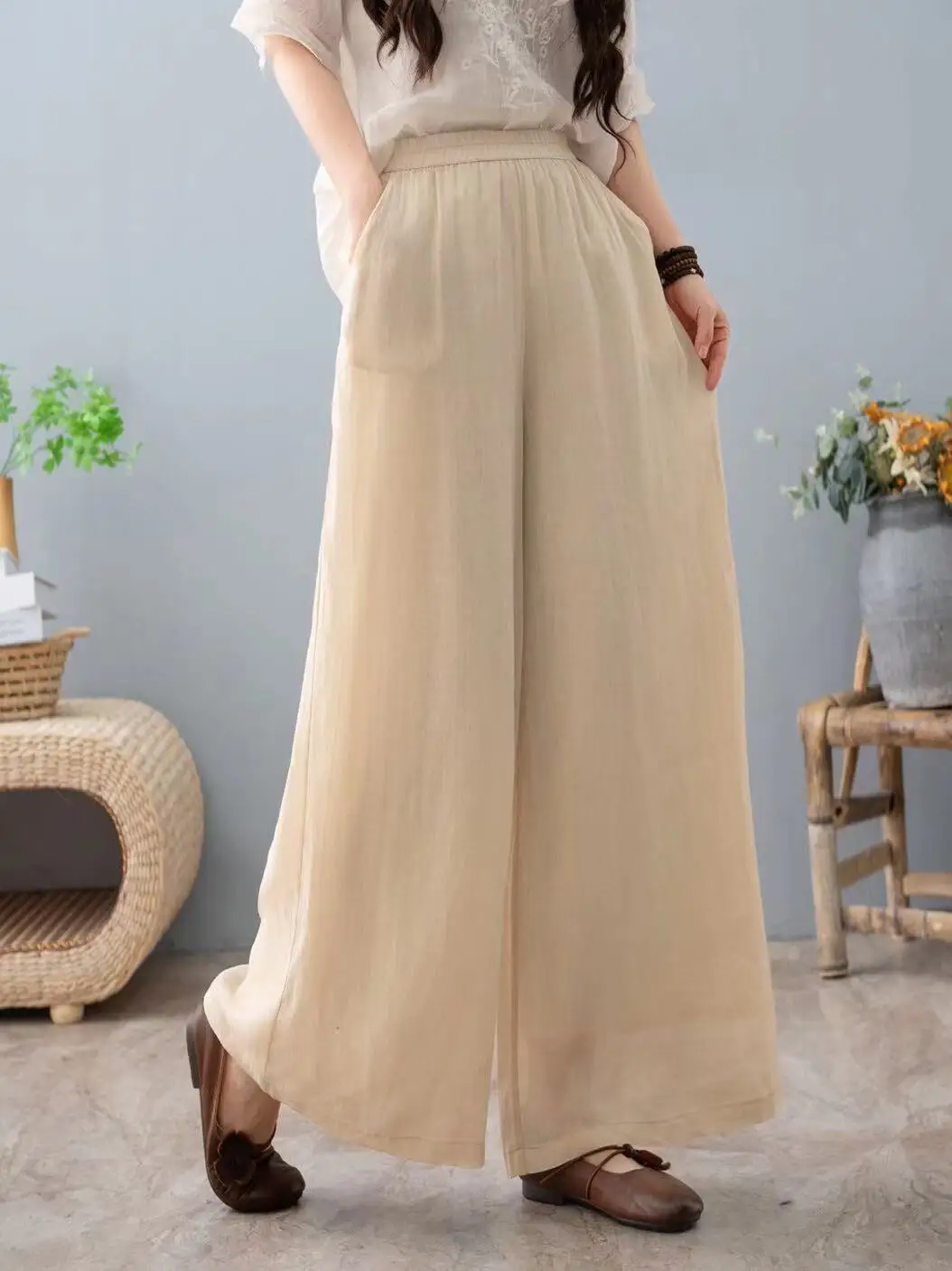 

Retro High Waist Wide Leg Pants Women's Summer New Loose Casual Double Layer Nine Points Trousers Artistic Pure Color