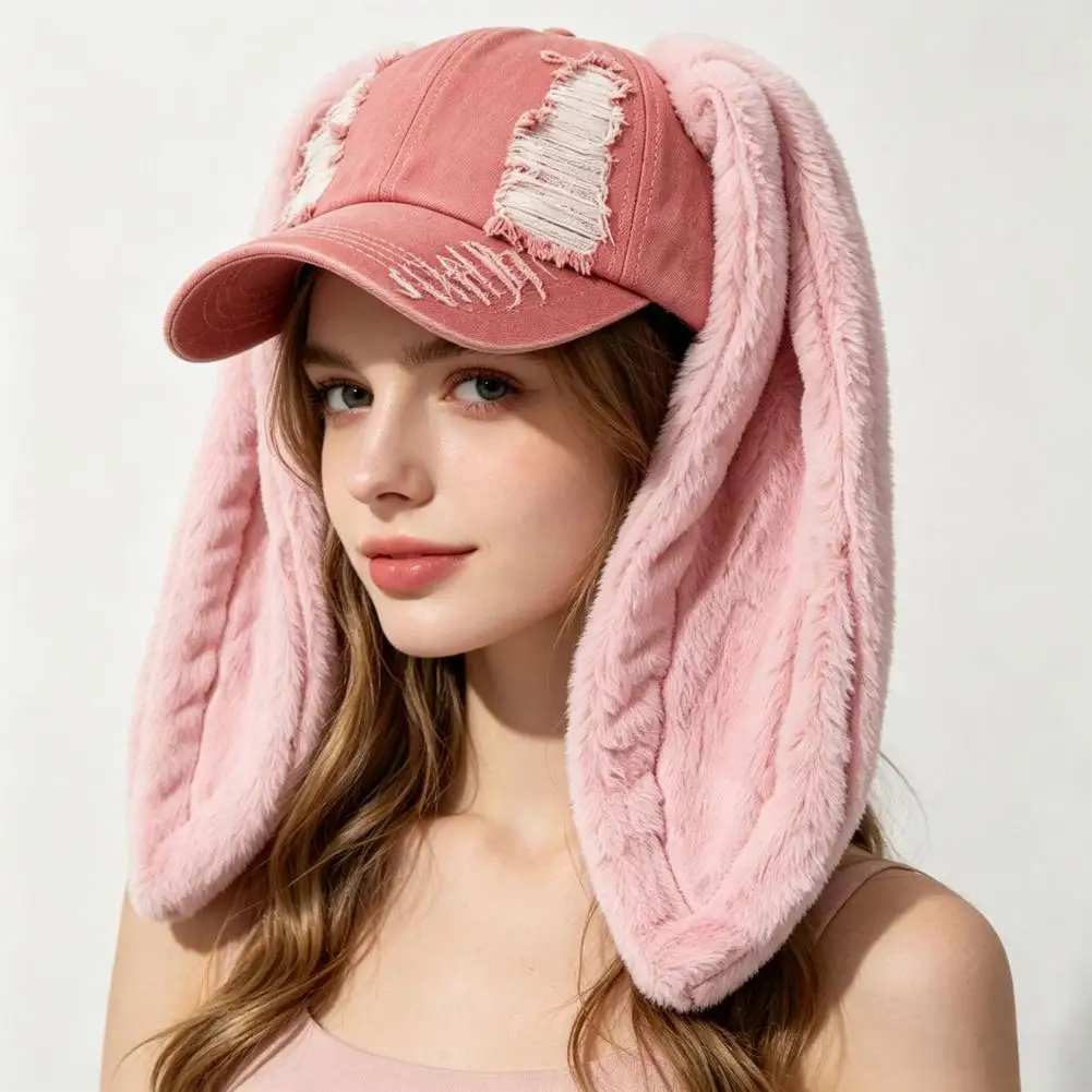 Baseball Cap with Plush Rabbit Ears Washed Lightweight Distressed Peaked Hat for Winter, Long Bunny Ear Baseball Hat