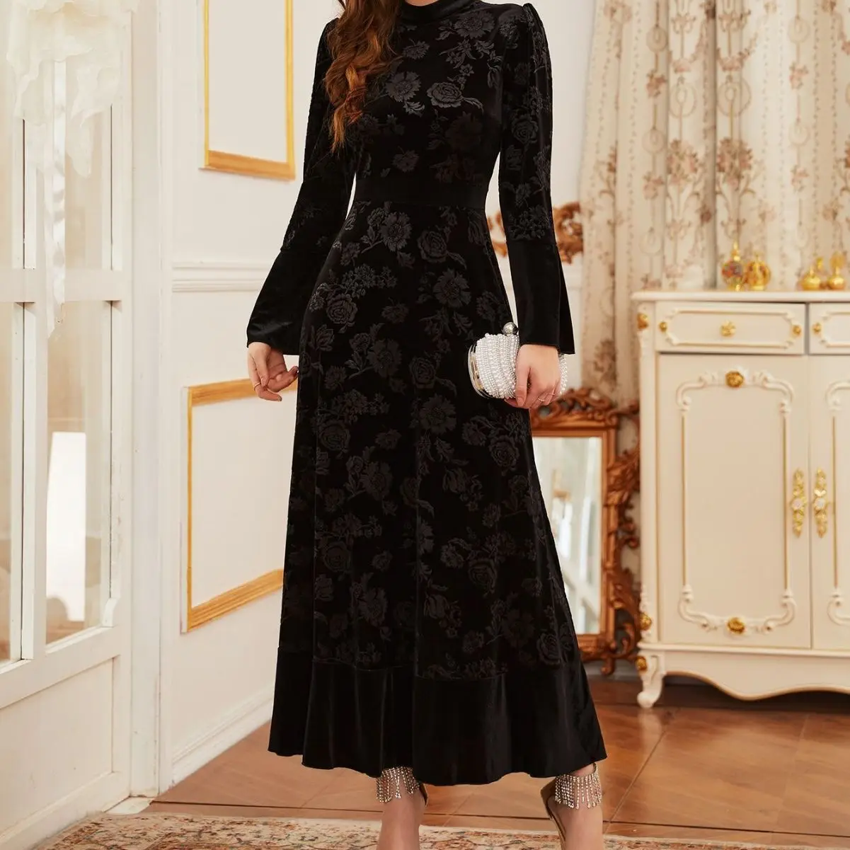 YS-09 Fashion Autumn/Winter New Women's Clothing Elegant Velvet Pattern Lace Long Sleeve Dress