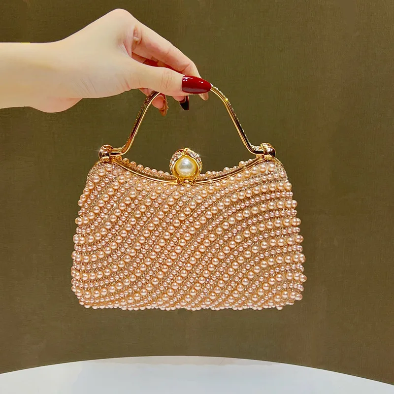 2026 Luxury Handmade Diamond Embedded Women's Evening Handbag Brand Design Pearl Wedding Clutch Purse Prom Party Crossbody Bag