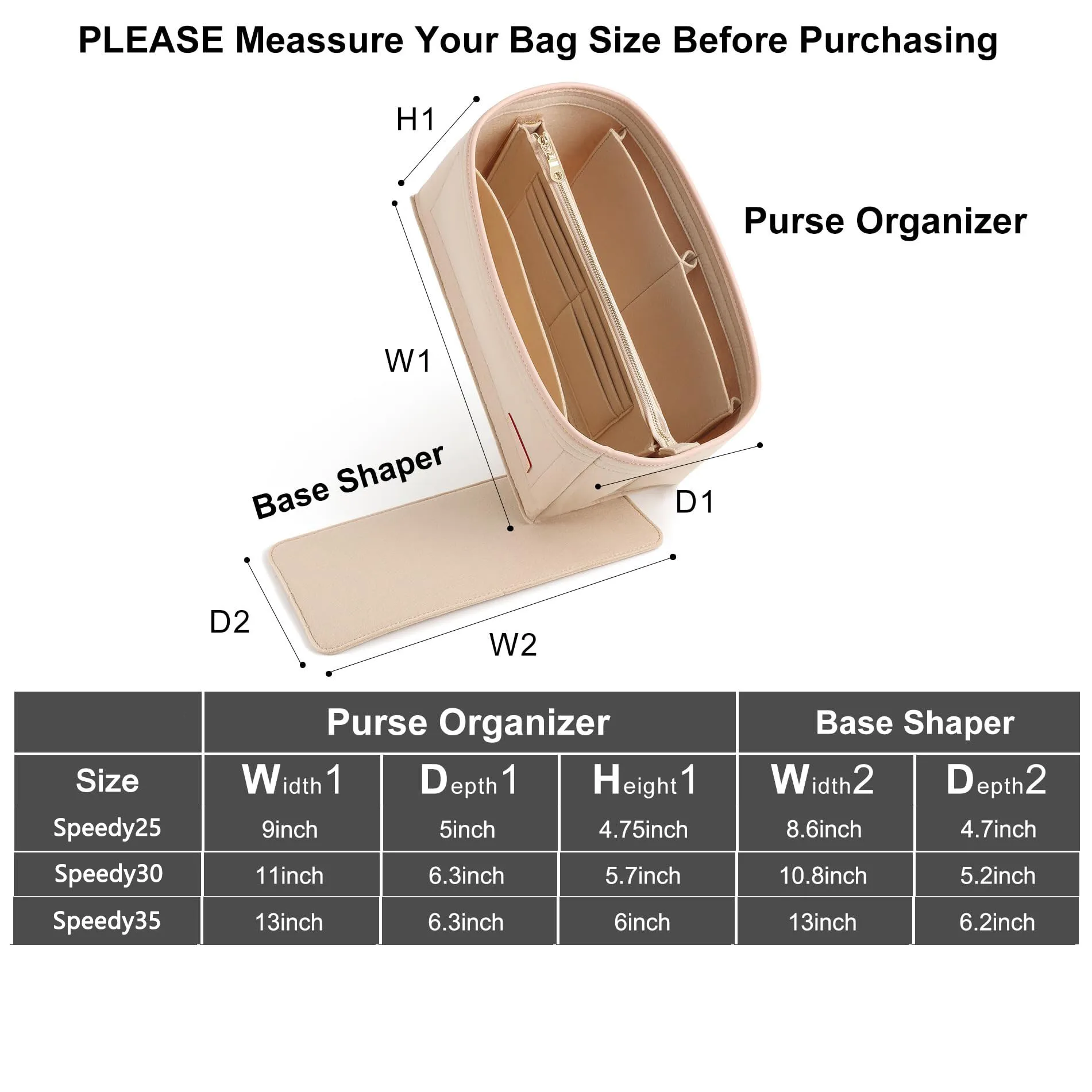 Purse Organizer insert for LV speedy25 30 35,tote Bag Organizer,Bag Divider,Felt Organizer Insert,with Zipper Pocke tBag in Bag