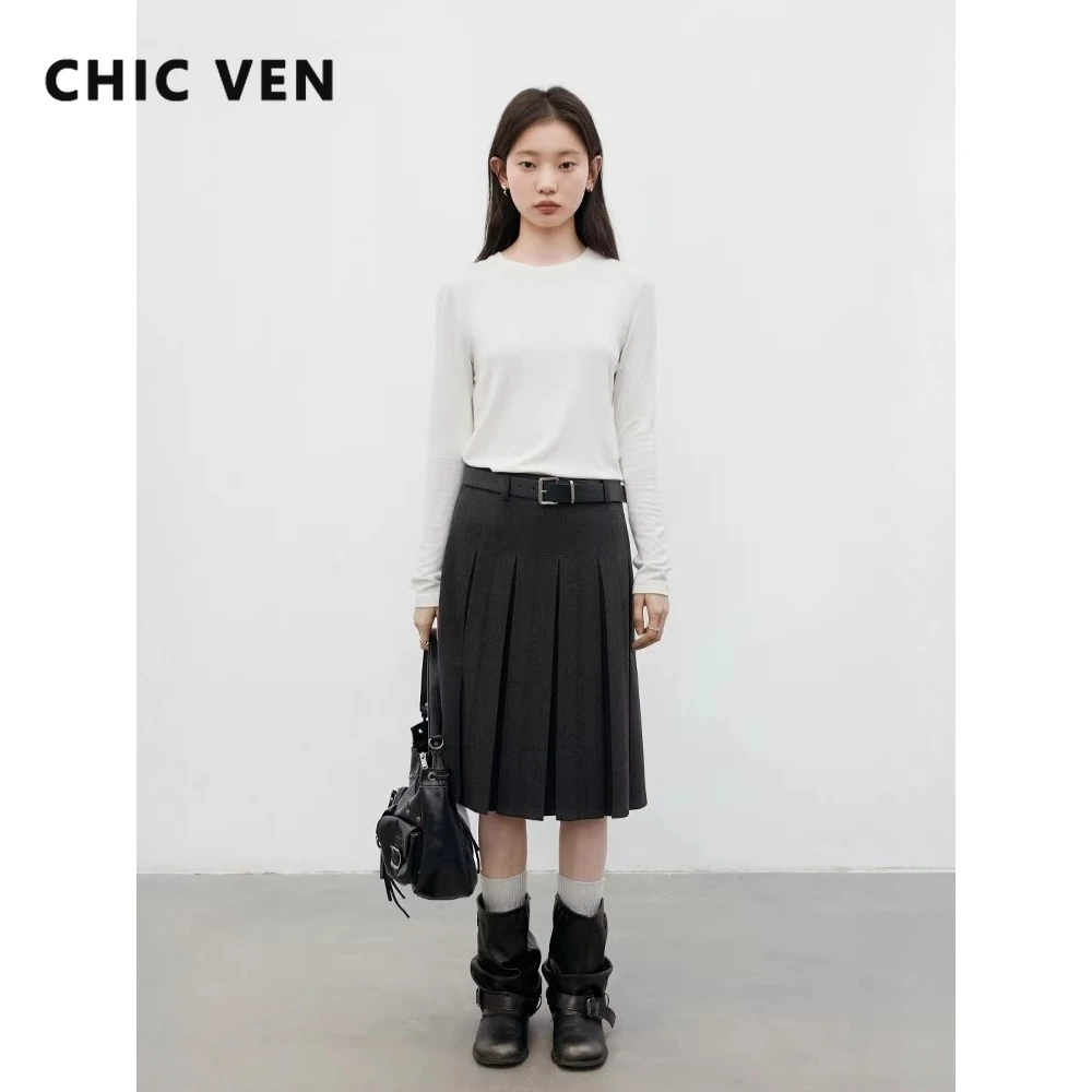 

CHIC VEN женские юбки с высокой талией, свободные однотонные новые саржевые женские плиссированные юбки средней длины, одежда трапециевидной формы для девочек, осень-зима 2026