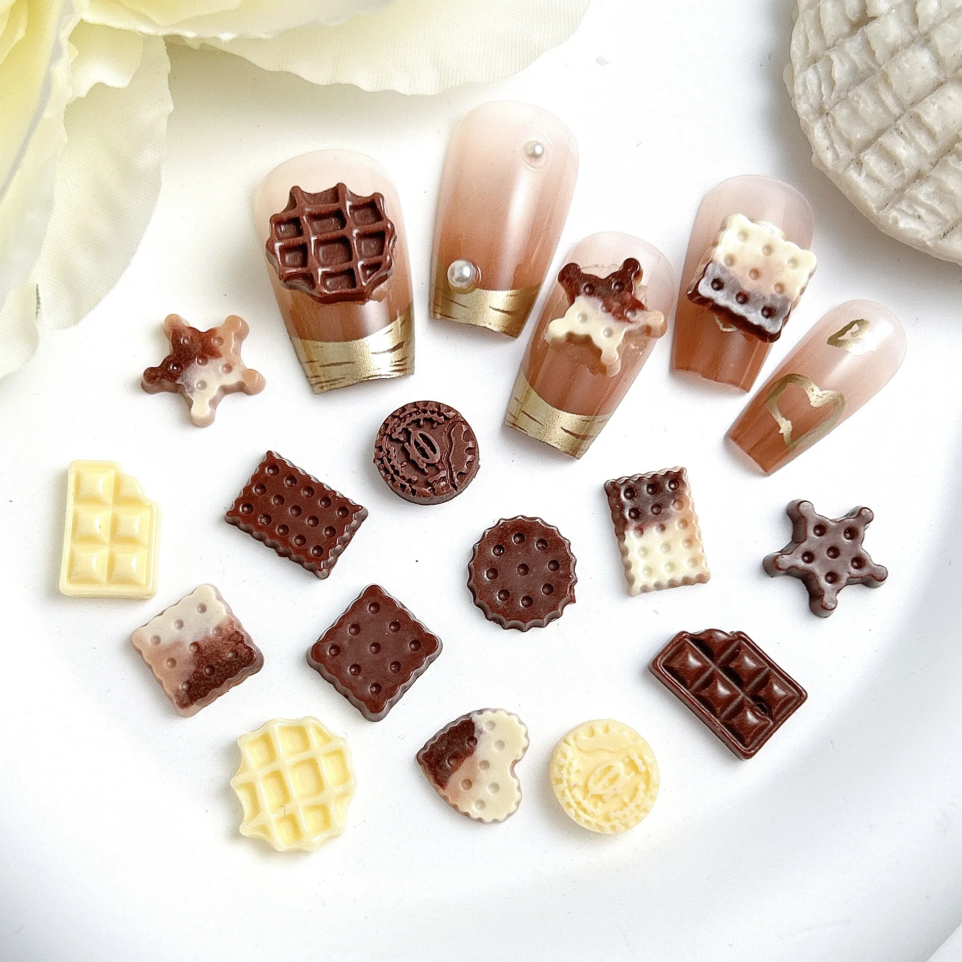 30PCS Mixed 3D Acrylic Chocolates Cookie Nail Art Biscuit Charms Kawaii Accessories Parts For Nails Decoration Supplies Material