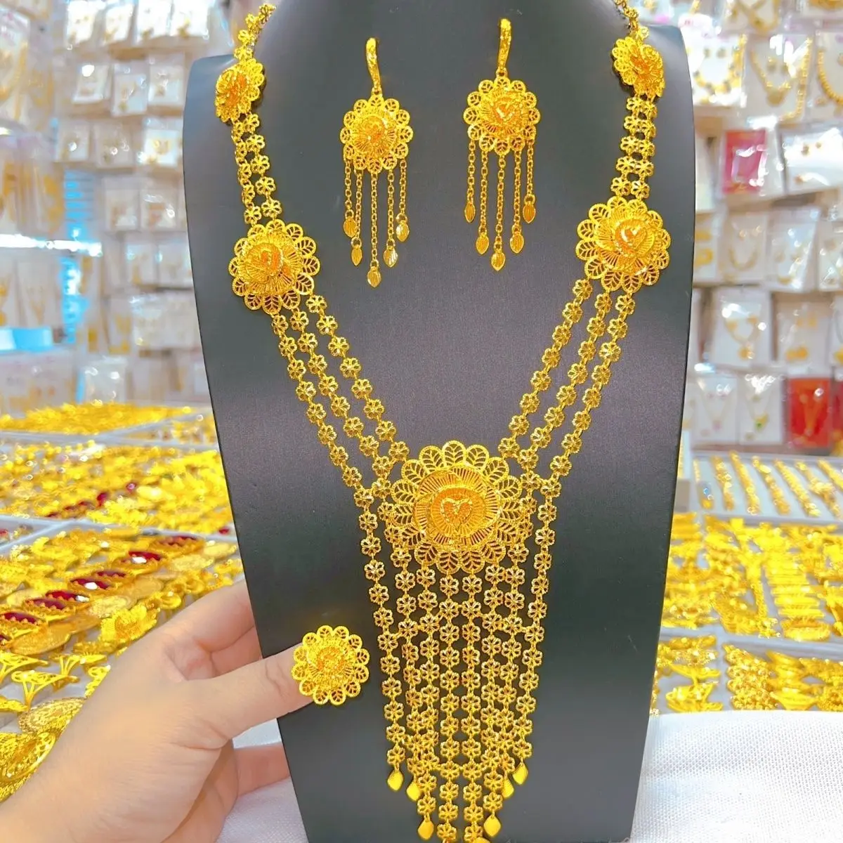 New Dubai 24K Gold Plated Necklace, Earrings, Rings, Romantic Wedding Party Jewelry Set for Women DD10569