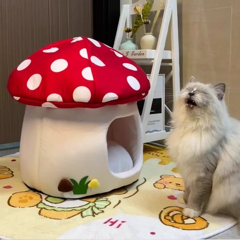 Adorable Half-Enclosed Mushroom Pet Bed, Cozy Sleeping Hiding Cave, Multifunctional Cat House Accessory for Cats and Small Dogs