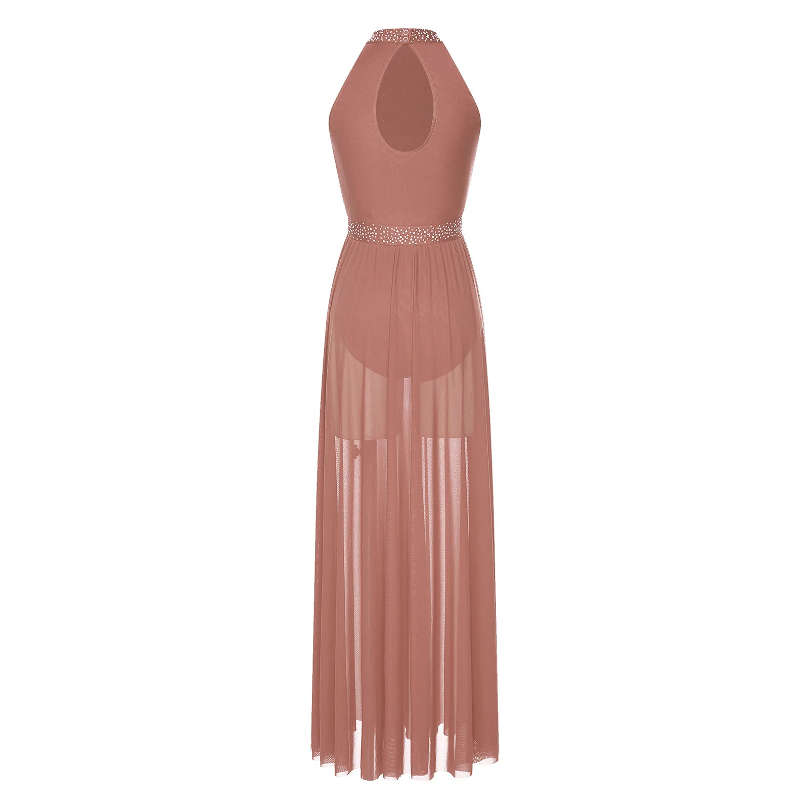 Vestido de baile lírico sin mangas para mujer, vestido Maxi de malla transparente con diamantes de imitación, traje de actuación de gimnasia moderna, Ropa de baile de Ballet