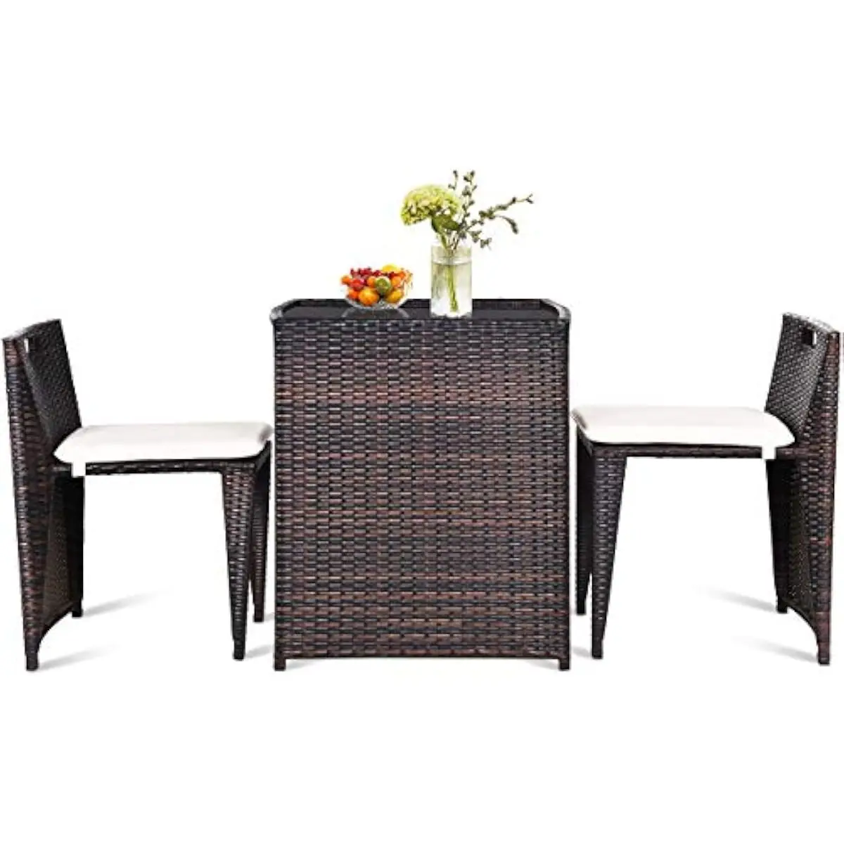 3-piece modern light brown outdoor wicker bistro set featuring tempered glass tabletop steel frame PE rattan construction cushio