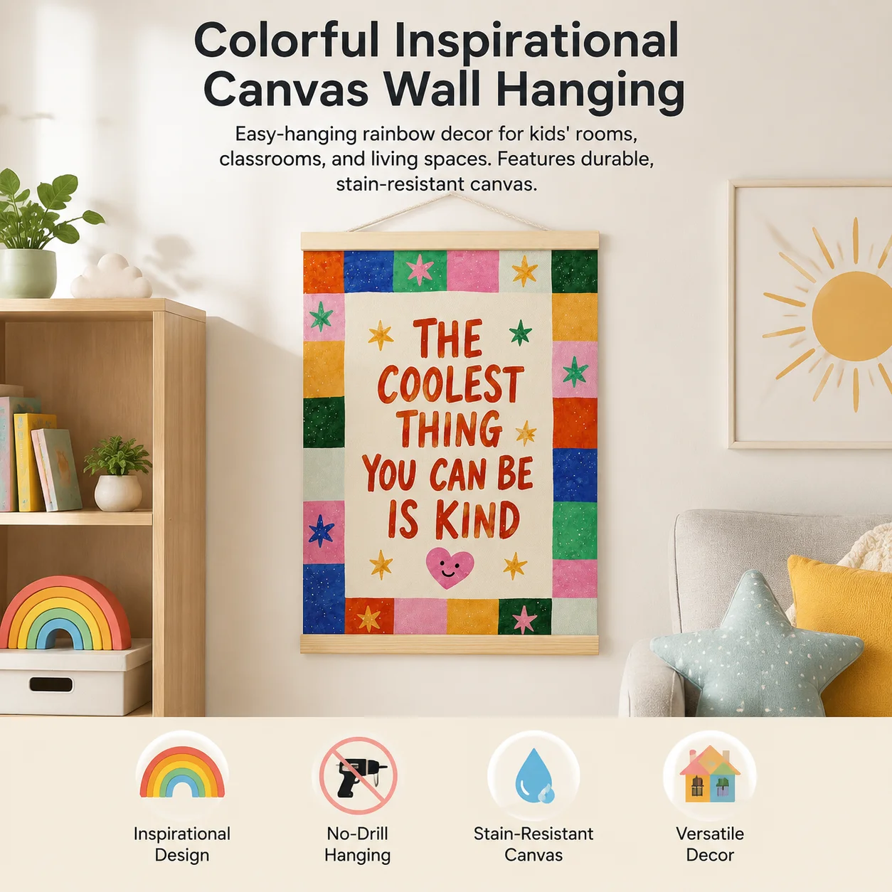 1pc Canvas Wall Poster Waterproof for Kids Room Bohemian Rainbow Hanging Art Inspirational Quote Bedroom Decor Durable