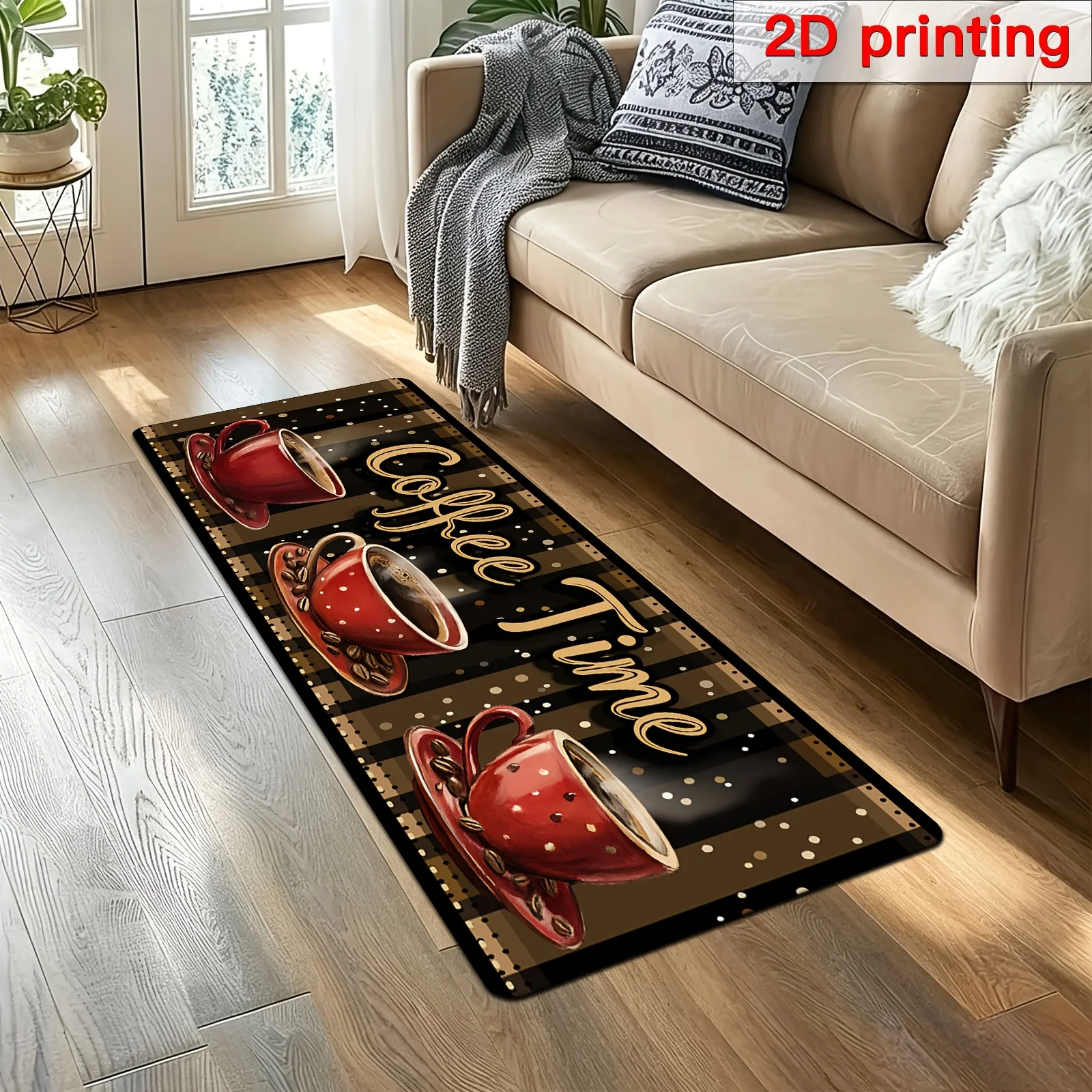 2D Flat 1pc Bohemian Coffee Time Runner Rug, Polyester Material, Vintage Red Cup Design, Machine Washable, Suitable for Entryw