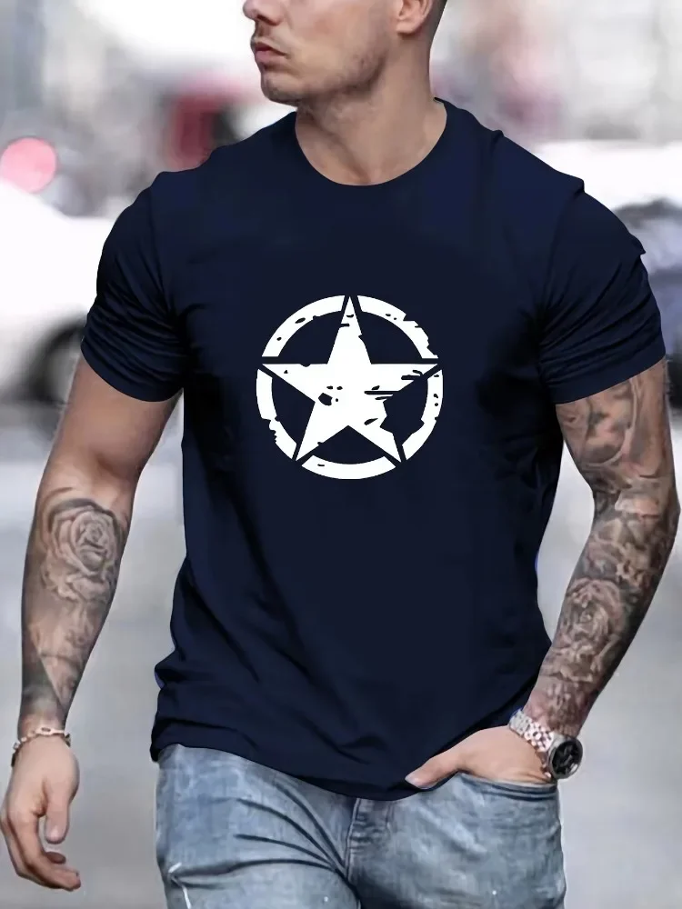 Summer Men Sports Loose Oversized Round Neck Star Logo Graphic Printed Short Sleeve T Shirt 100% Cotton Soft Breathable Casual Tops view 2