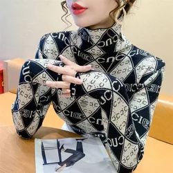 Women Elegant Fashion Letter Color Blocking Jumpers Top 2024 Spring New Turtleneck Slim All-match Knitting Sweater Lady Pullover