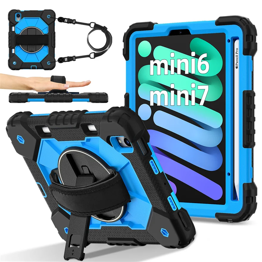 For Apple iPad Mini 7 2024 Case Heavy-duty Protection Shockproof 360° Rotating Strap Handle Bracket Shell For iPad Mini 6 2021