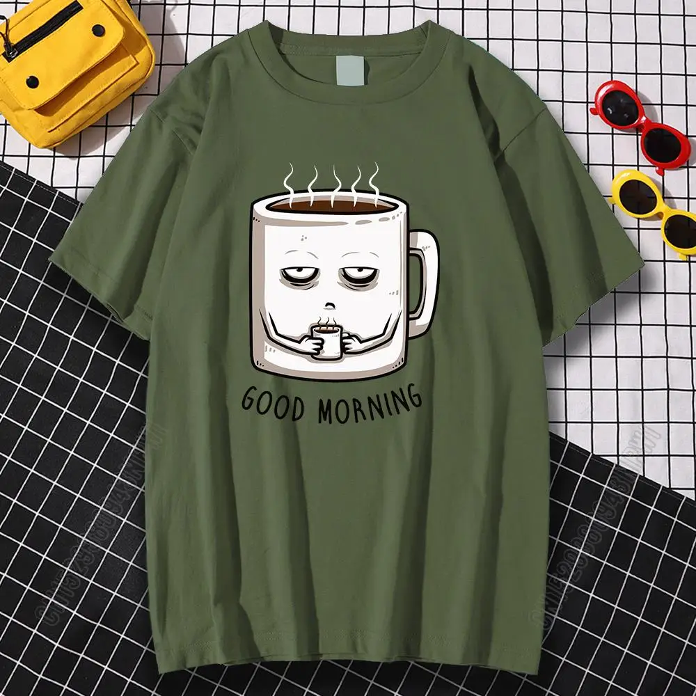 Good Morning Sleepy Coffee Cotton Mens T-Shirt Loose Breathable T Shirt Couple O-Neck Tee Clothes Tops Simplicity Tops Men