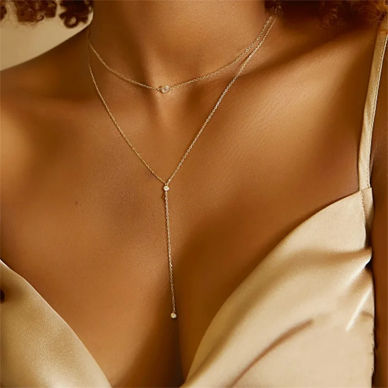 Bohemian Gold Color Metal Y-shaped Necklace for Women Double Laryered Long Chain Stacking Choker Necklace Fashion Jewelry Gift