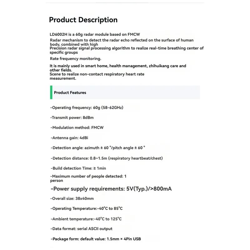 A93P LD6002H 60G Radar Module Breathing And Heartbeat Detection Radar Module Non-Contact Intelligent Monitoring Module