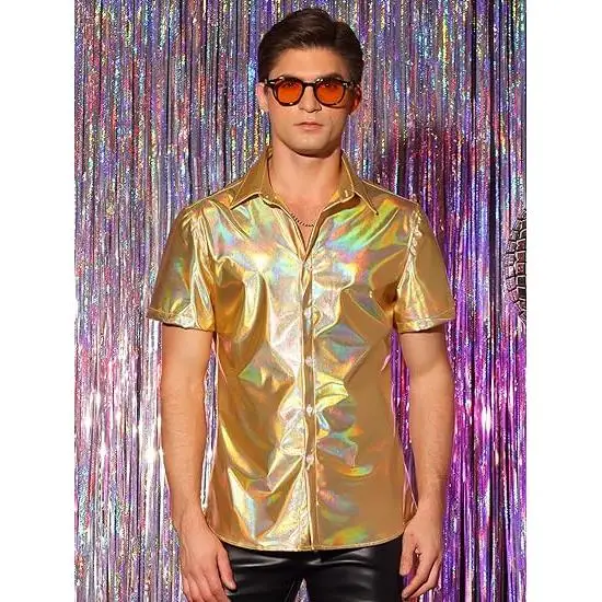 

Shiny Long Swedish Collar Shirt Men's Wear Daily Simple Style Short Sleeve Pocket Design Non-Shrinking Thin Fabric Male Fashion