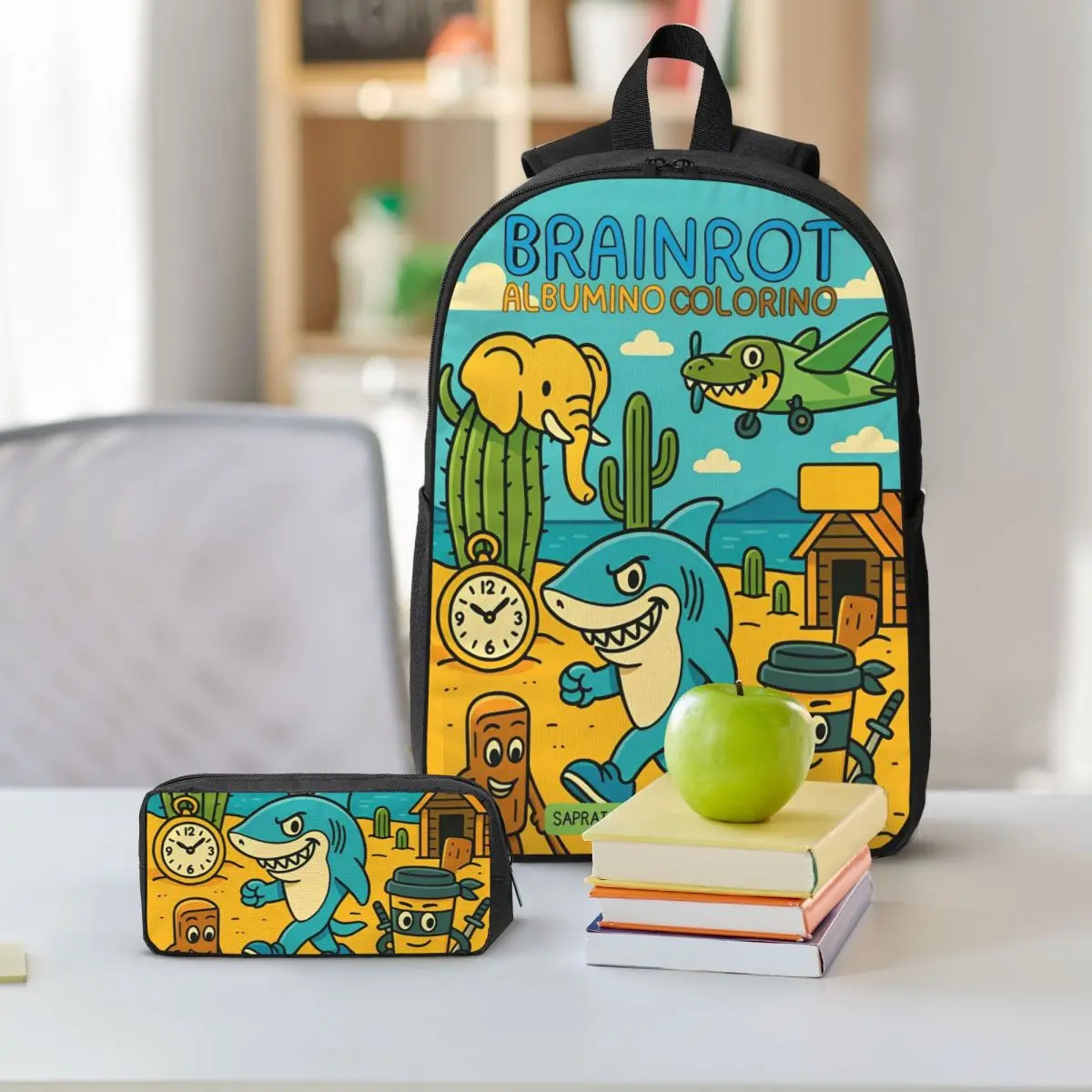 Italian Brainrot Funny Meme Zaino per bambini Scatola per il pranzo Scatole per matite per ragazzi Ragazze Zaini Borsa da scuola Set di zaini