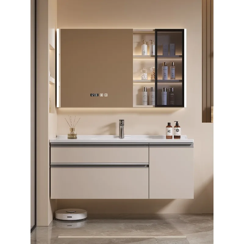 

Japanese-style ceramic integrated basin, multi-functional pull basket storage, bathroom cabinet combination, bathroom furniture