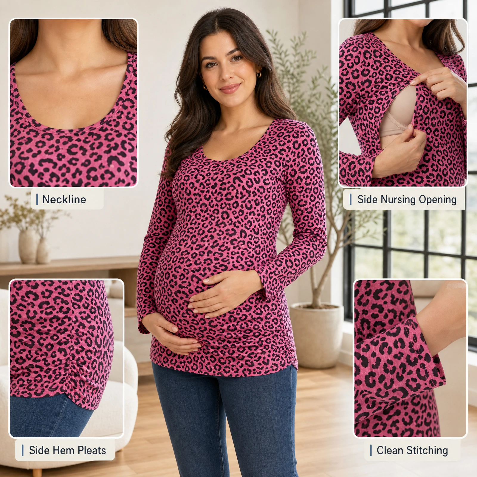 Women Maternity Nursing Top Long Sleeve Crew Neck Hidden Side Zipper Breastfeeding Tee Soft Stretchy Cotton Pregnancy T‑Shirt