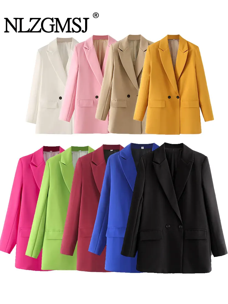 

TRAF 2024 Woman Fashion Loose Suit Jacket OL Autumn Vintage Solid Color Blazers Double Breasted Female Chic Long Coats