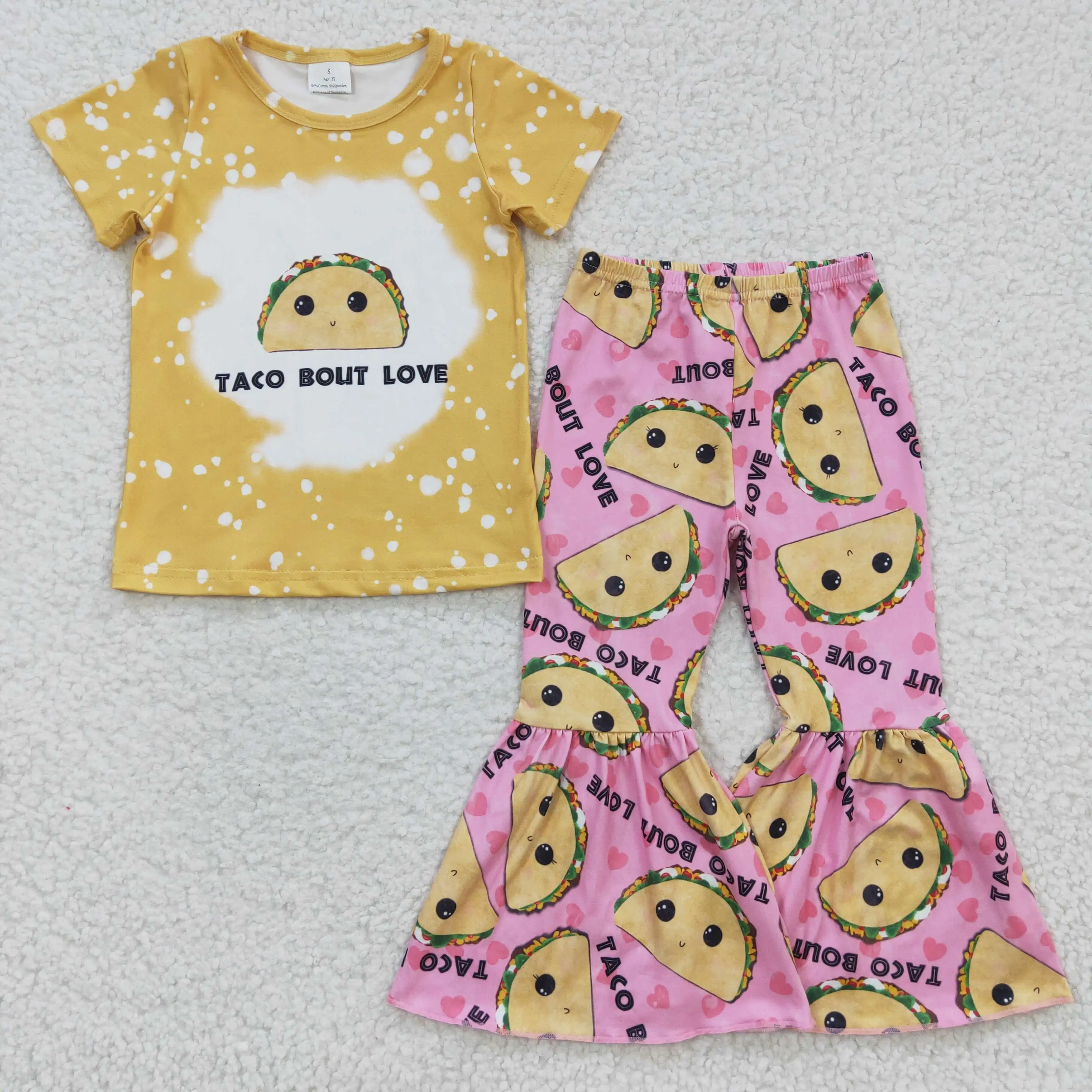 

N​ew Design RTS Yellow Bleached T Shirt Baby Summer Cute Toddler Kids Bell Bottoms Boutique Girl Clothes Outfits