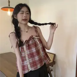 Sweet Lace Suspender Vest Women's Bow Plaid Top
