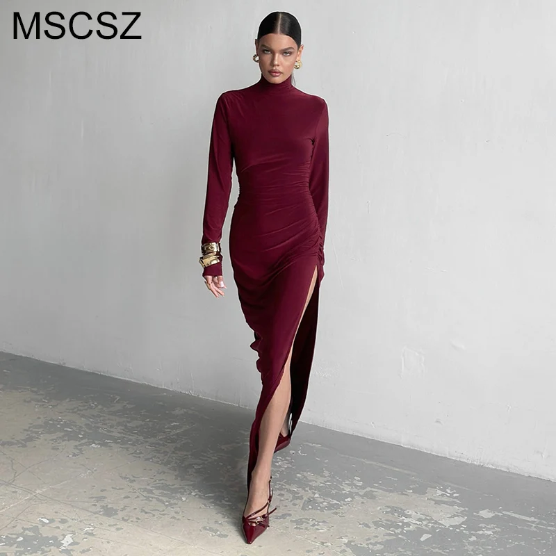 

MSCSZ Turtleneck Side Split Long Dress Women Long Sleeve Ruched Maxi Dress Fall Winter Burgundy Evening Party Dress