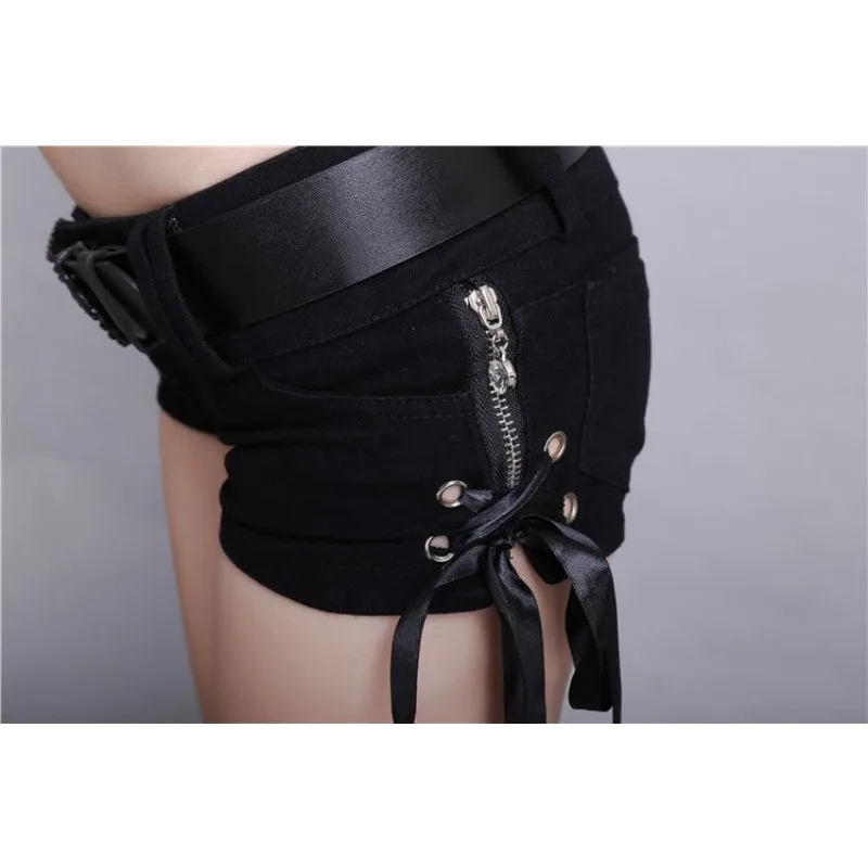여성 크로스 스트랩 블랙 로우라이즈 데님 숏팬츠 Y2K 슬림 핫팬츠 슈퍼 부티 숏팬츠 나이트클럽