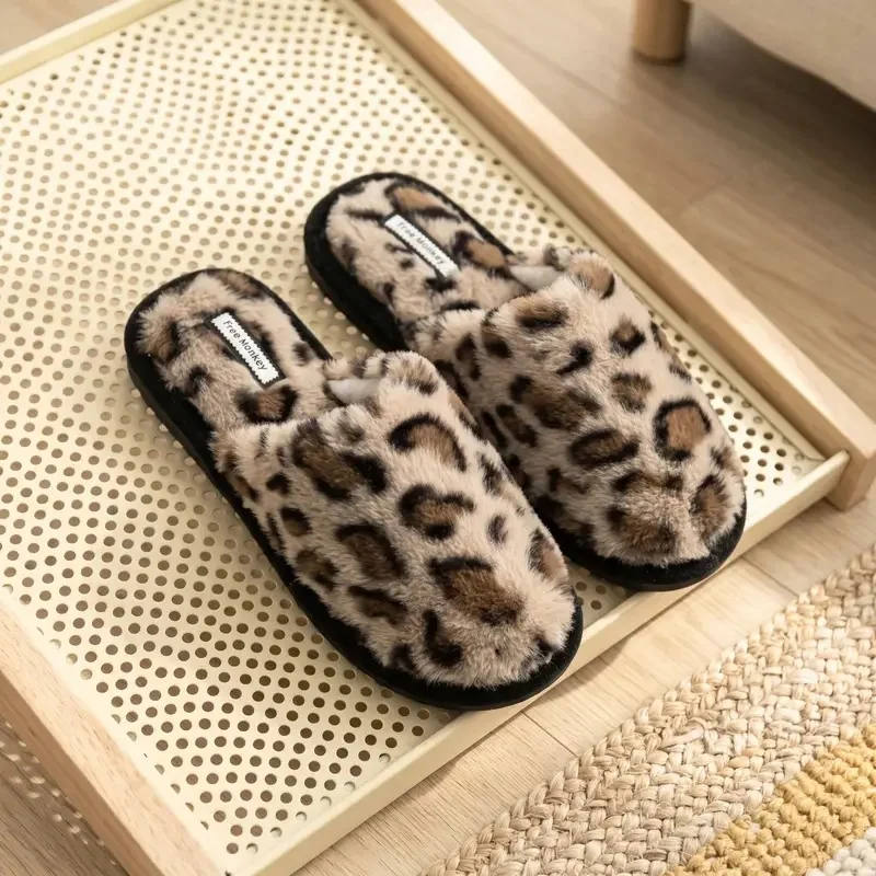 ZUOFU Leopard Print Faux Fur Slippers Memory Foam Winter Warm Thick Fluffy Non-Slip Indoor House Shoes for Women And Men