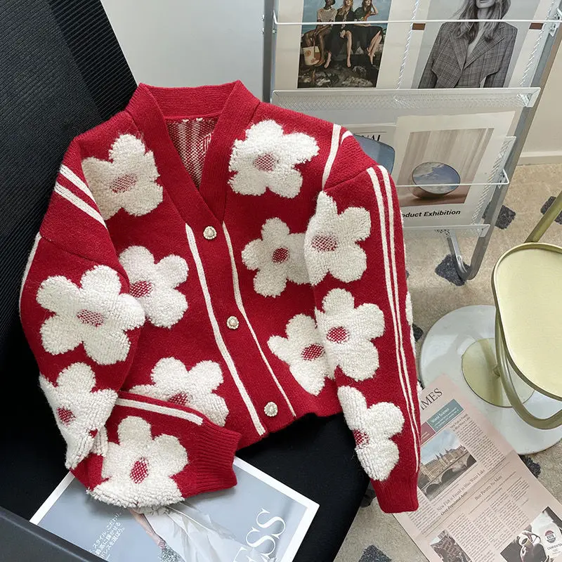 

Flocked flower New red knitted cardigan women's design new high-end chic v-neck sweater coat sweater