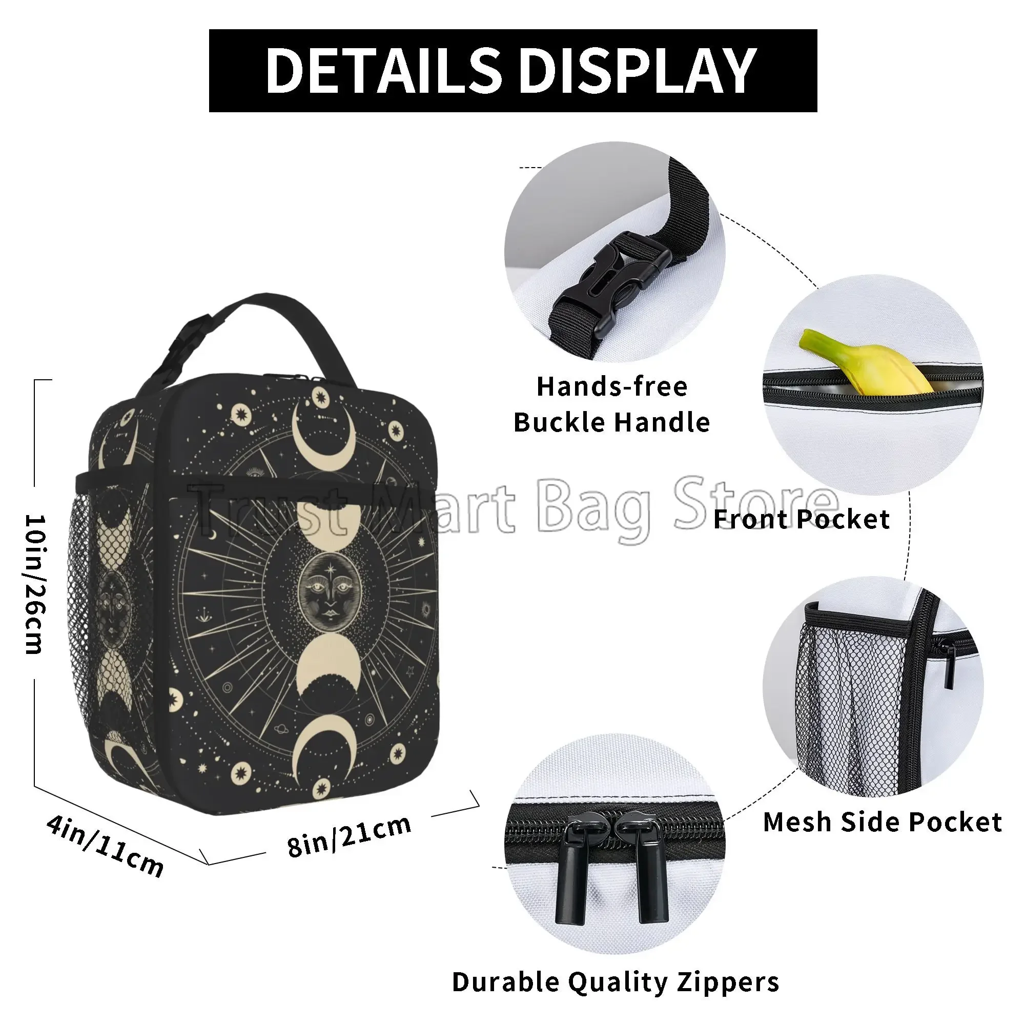 Moon Star Mystic Sun Astrology Tarot Goth Insulated Lunch Bag Reusable Portable Lunch Box for Men Women Tote Bag for Picnic Work